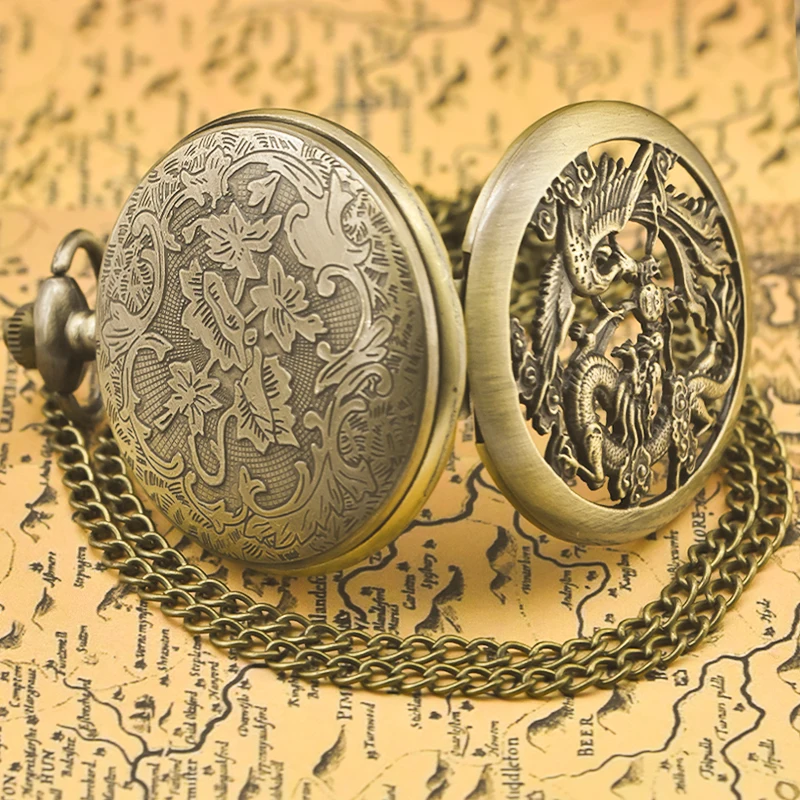 Retro Charm Neutral Fashion Chinese Style Dragon Phoenix Carving Quartz Steampunk Pocket Watch Men's And Women's Necklace Pendan