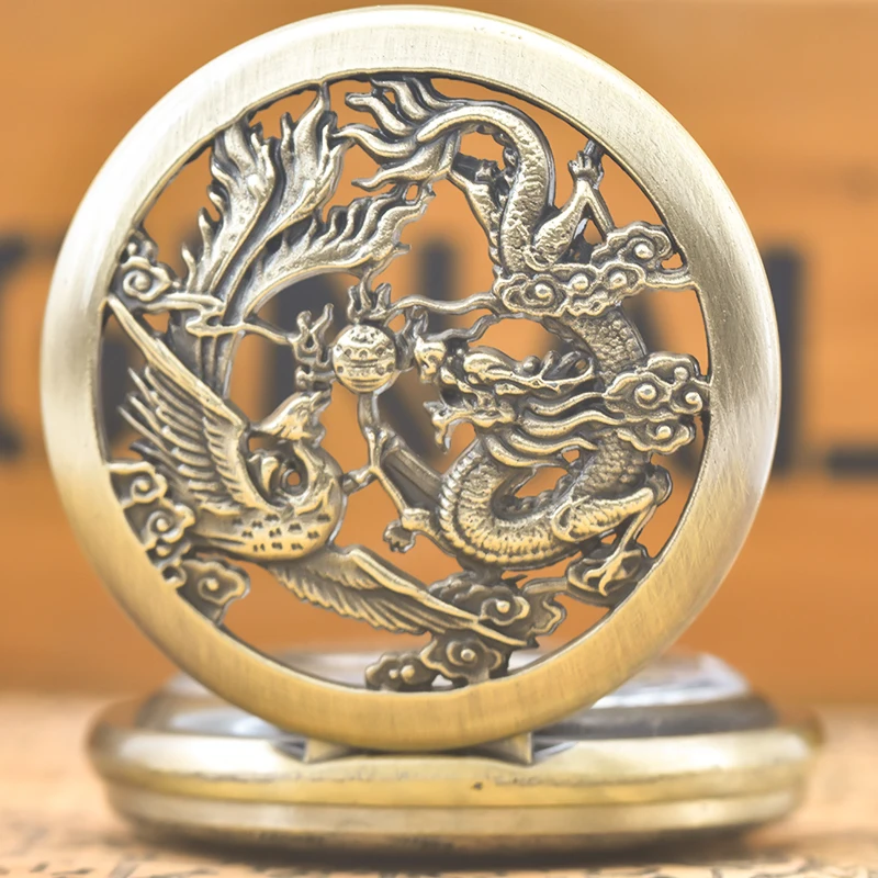 Retro Charm Neutral Fashion Chinese Style Dragon Phoenix Carving Quartz Steampunk Pocket Watch Men's And Women's Necklace Pendan