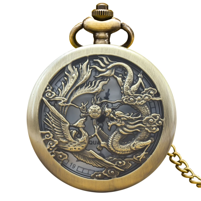 Retro Charm Neutral Fashion Chinese Style Dragon Phoenix Carving Quartz Steampunk Pocket Watch Men's And Women's Necklace Pendan
