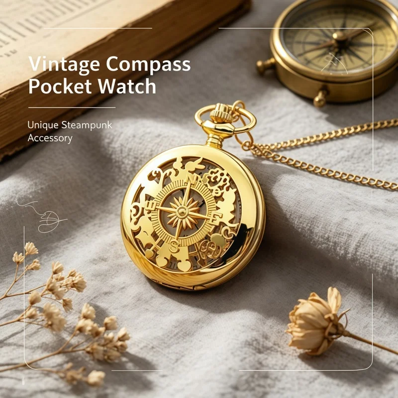 2026 New Antique Steampunk Vintage Arabic Numerals Quartz Pocket Watch Gold Case Necklace Pendant Clock Chain Mens Women