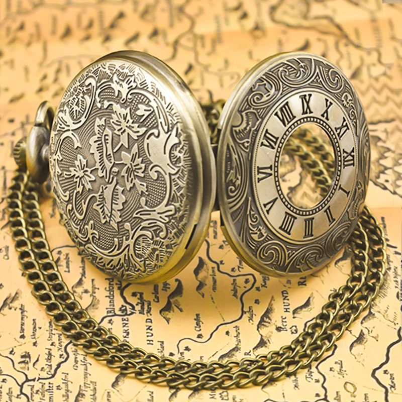 Retro Charm Neutral Fashion Hollow Roman Digital Carving Quartz Pocket Watch Steampunk Men's and Women's Necklace Pendant Gift