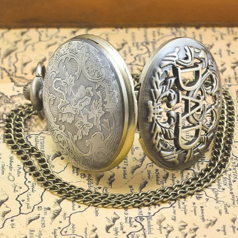 Retro Charm Neutral Fashion Hollow Dad Carving Quartz Steampunk Pocket Watch Necklace Pendant Gift for Father