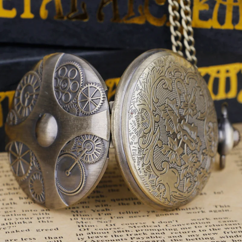 Bronze gear design Quartz pocket watch Unisex fashion Arabic digital men's Watch Necklace Pendant timepiece gift