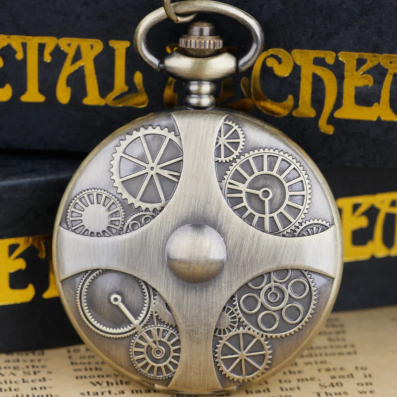 Bronze gear design Quartz pocket watch Unisex fashion Arabic digital men's Watch Necklace Pendant timepiece gift