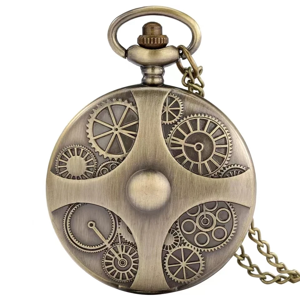 Bronze gear design Quartz pocket watch Unisex fashion Arabic digital men's Watch Necklace Pendant timepiece gift