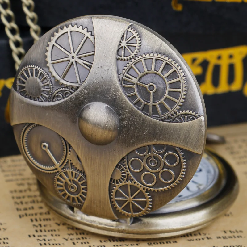 Bronze gear design Quartz pocket watch Unisex fashion Arabic digital men's Watch Necklace Pendant timepiece gift