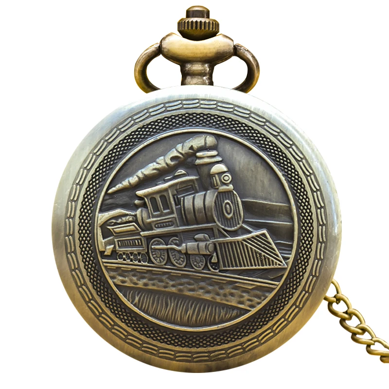 Vintage Bronze Clamshell Creative Locomotive Carved Necklace Quartz Pocket Watch Gift For Male And Female Students