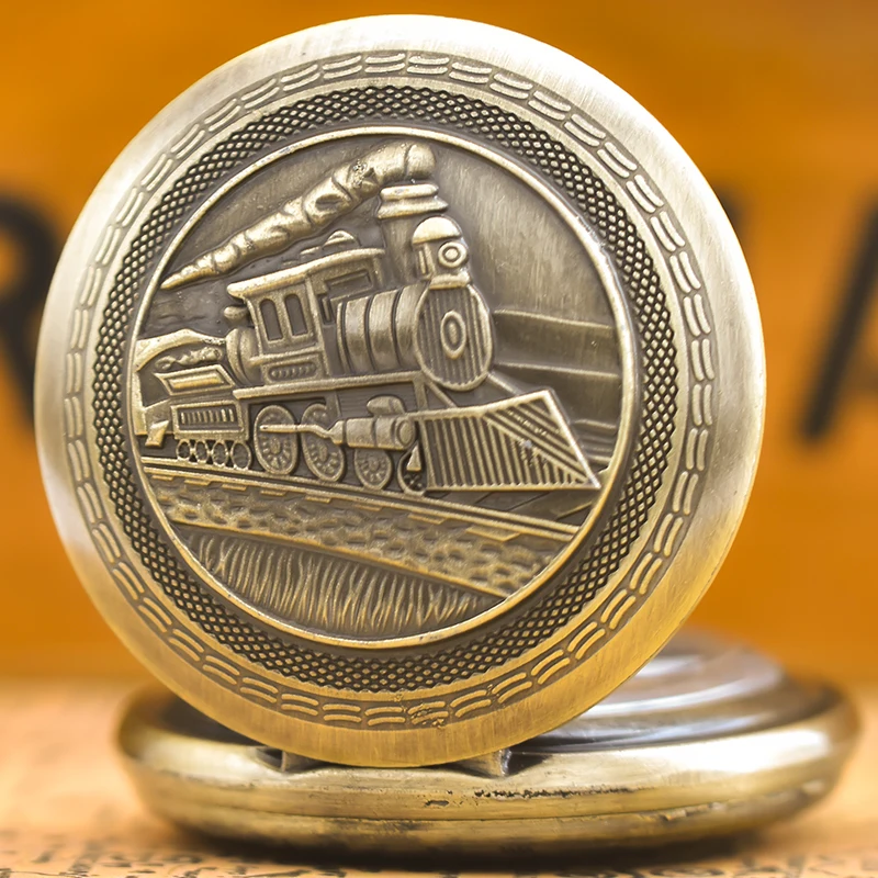 Vintage Bronze Clamshell Creative Locomotive Carved Necklace Quartz Pocket Watch Gift For Male And Female Students
