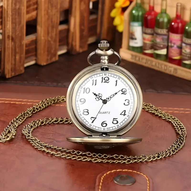 Vintage Bronze Quartz Pocket Watch Roman Numerals Scale Pendant Necklace Chain Clock Gift for Men Women Collectible Accessory
