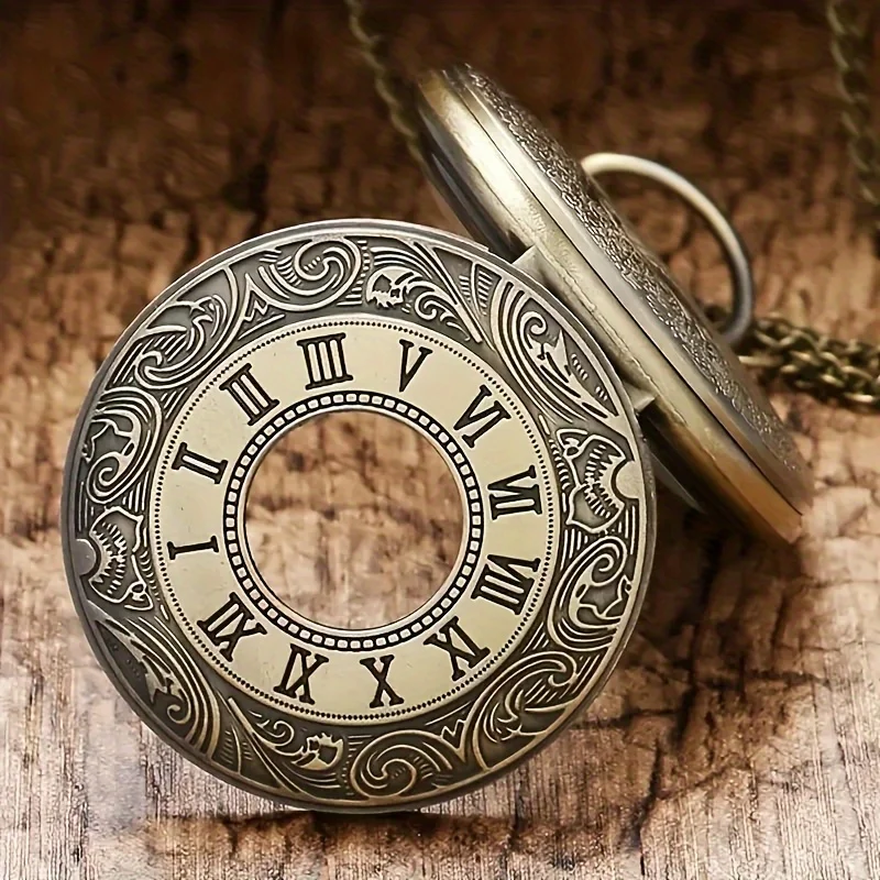 Vintage Bronze Quartz Pocket Watch Roman Numerals Scale Pendant Necklace Chain Clock Gift for Men Women Collectible Accessory