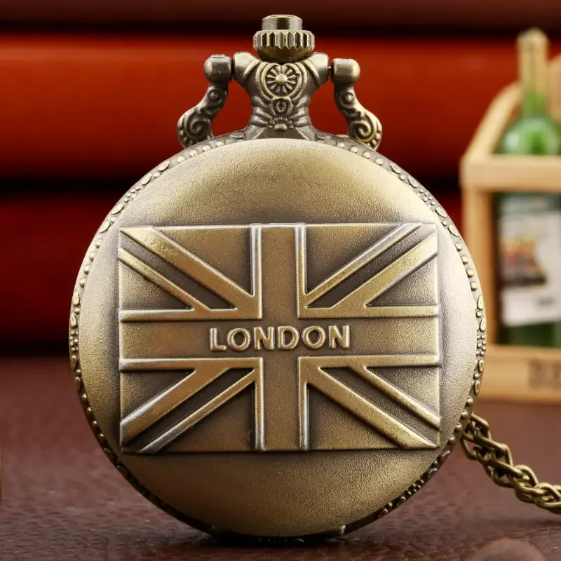 Vintage Bronze London Quartz Pocket Watch Arabic Numerals Face Nostalgic Necklace Pendant Gift Series