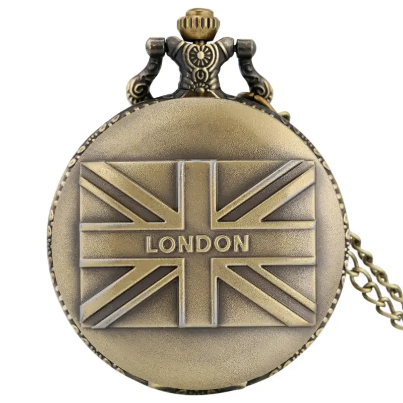 Vintage Bronze London Quartz Pocket Watch Arabic Numerals Face Nostalgic Necklace Pendant Gift Series