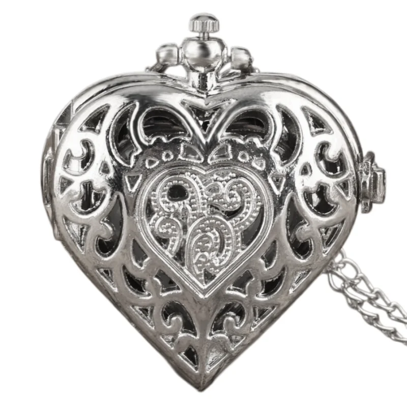 Retro Charm Neutral Fashion Heart Shaped Hollow Small Quartz Steampunk Pocket Watch Men's and Women's Necklace Pendant Gift