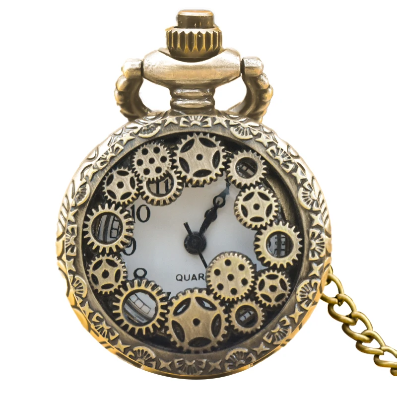 Vintage Bronze Steampunk Gear Carving Small Pocket Quartz Pocket Watch Necklace Pendant Clock Chain Men's and Women's Gifts