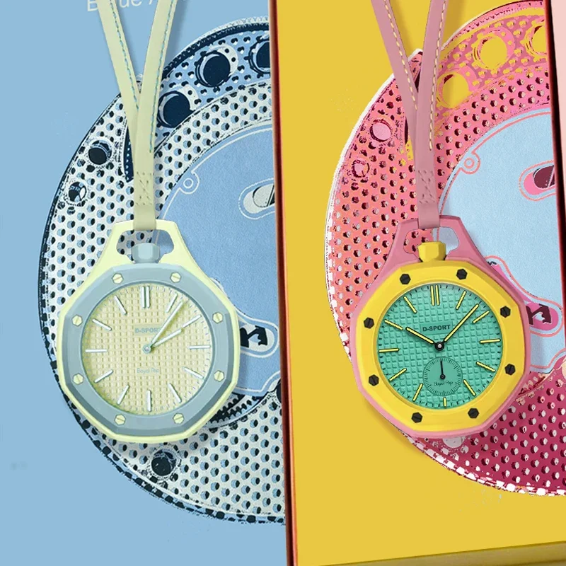 Fashion Sports Octagonal Pocket Watch With Lanyard Hot Style Neck Quartz Movement Candy Color Pendant Watch Mini Hanging Watch