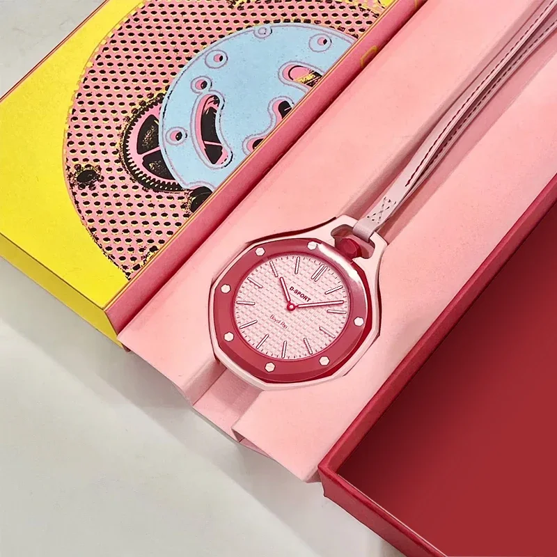 Fashion Sports Octagonal Pocket Watch With Lanyard Hot Style Neck Quartz Movement Candy Color Pendant Watch Mini Hanging Watch