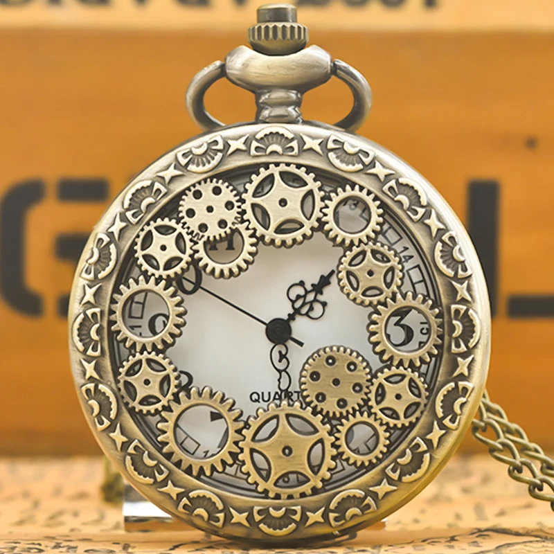 Retro Charm Neutral Fashion Hollow Gear Carving Quartz Steampunk Pocket Watch Men's and Women's Necklace Pendant Gift