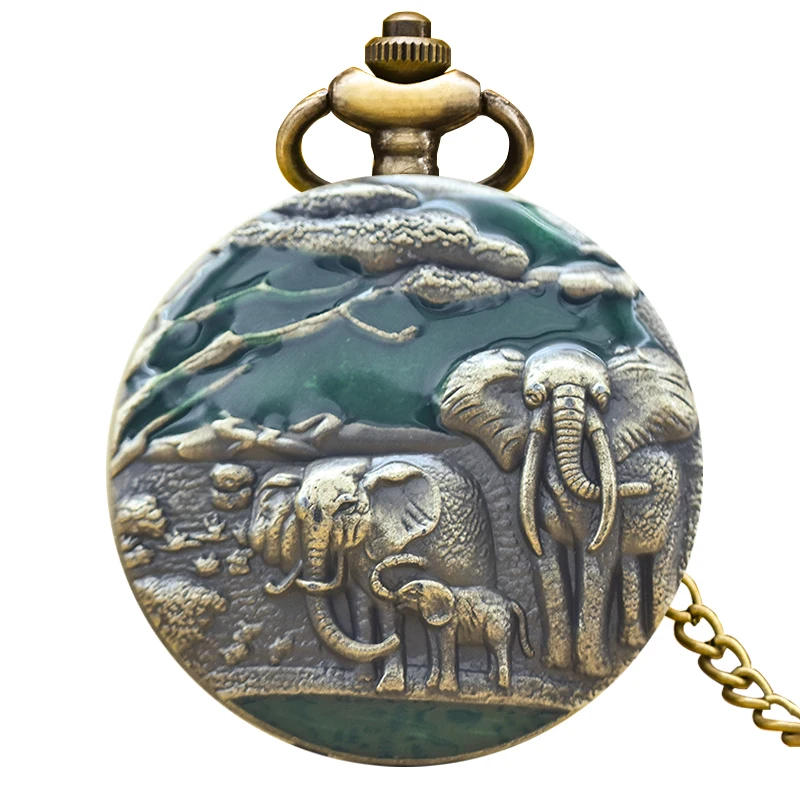 Vintage Charm Neutral Fashion Elephant Group Carving Quartz Steampunk Pocket Watch Men's and Women's Necklace Pendant Gift