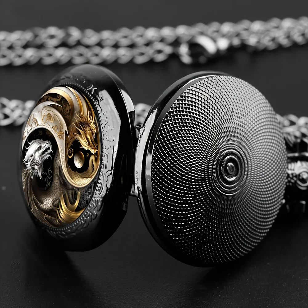 Vintage Cool Yin-Yang Dragon Quartz Pocket Watch Exquisite Clock With Necklace Chain Creative Souvenir Best Gifts For Men Women