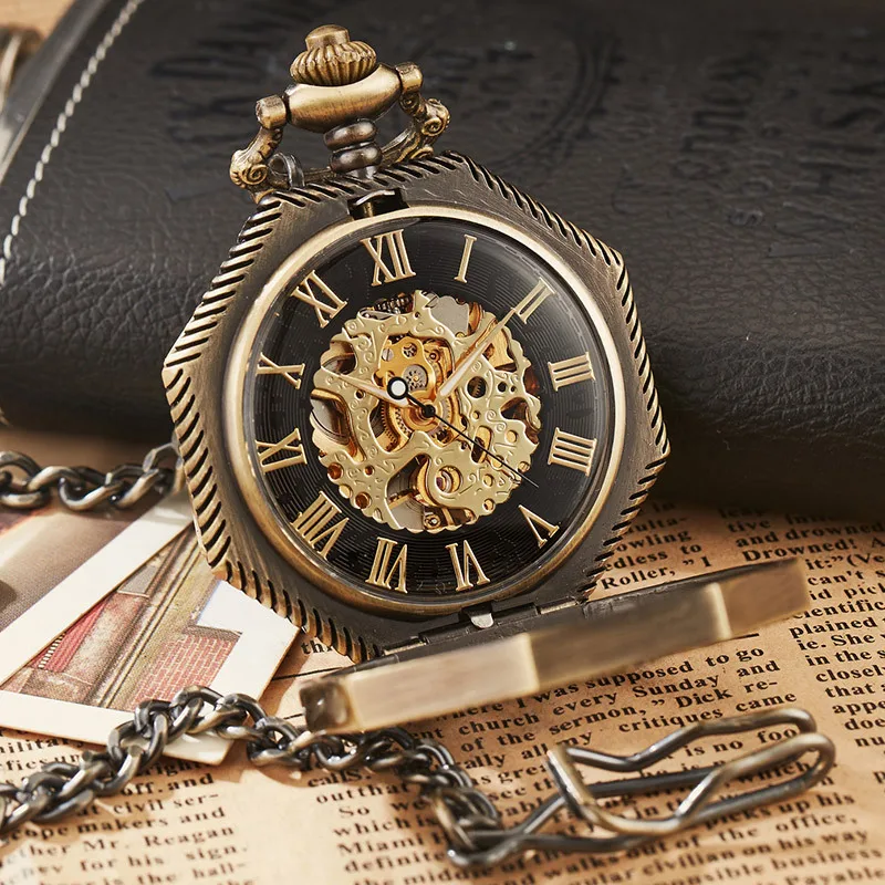 Ramadan Classic Hexagonal Mechanical Pocket Watch FOB Chain Steampunk Roman Dial Skeleton Gold Hollow Steel Men's Pocket Watch