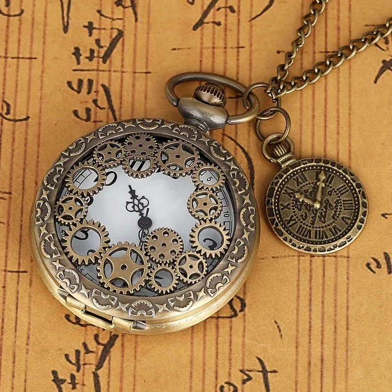 Retro Bronze Hollow Gear Carved Quartz Pocket Watch Necklace Pendant Clock Chain Memorial Gift for Men Women Reloj Hombre