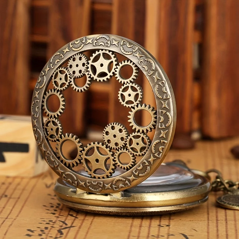 Retro Bronze Hollow Gear Carved Quartz Pocket Watch Necklace Pendant Clock Chain Memorial Gift for Men Women Reloj Hombre