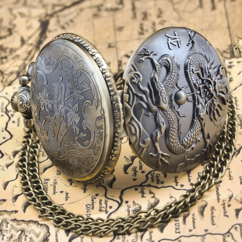Vintage Charm And Domineering Eastern Dragon Carved Quartz Steampunk Pocket Watch, Men's And Women's Necklace Pendant Gift