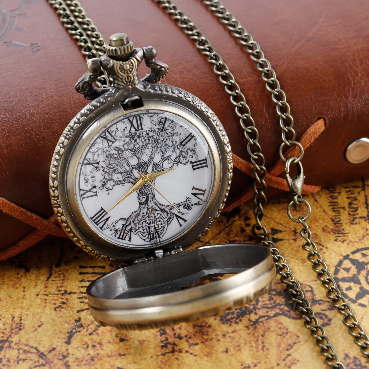 Steampunk Retro Bronze Hollow Tree of Life Quartz Pocket Watch with Fob Women's Watch Pendant Necklace Chain Men's Gift CF1088