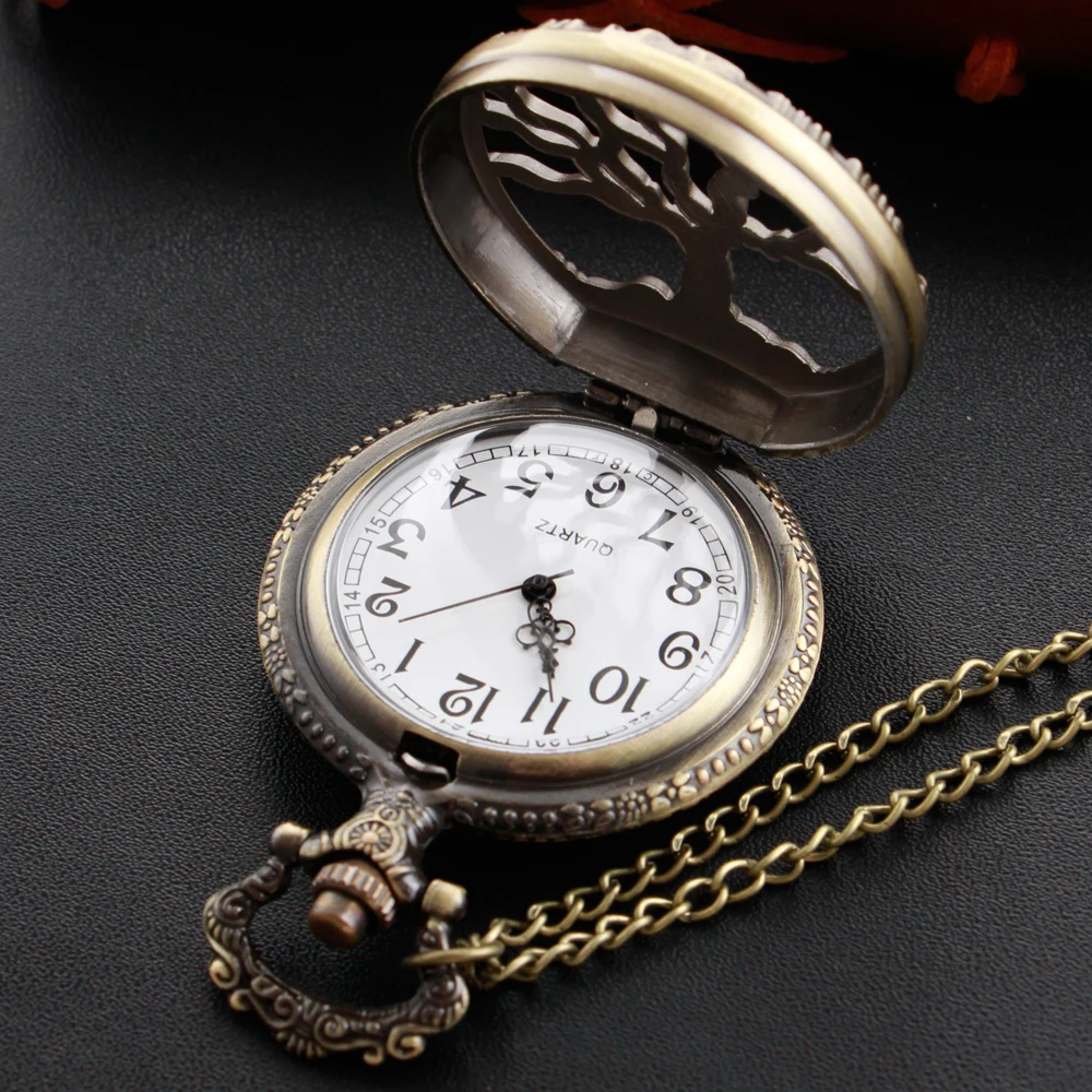 Steampunk Retro Bronze Hollow Tree of Life Quartz Pocket Watch with Fob Women's Watch Pendant Necklace Chain Men's Gift CF1088