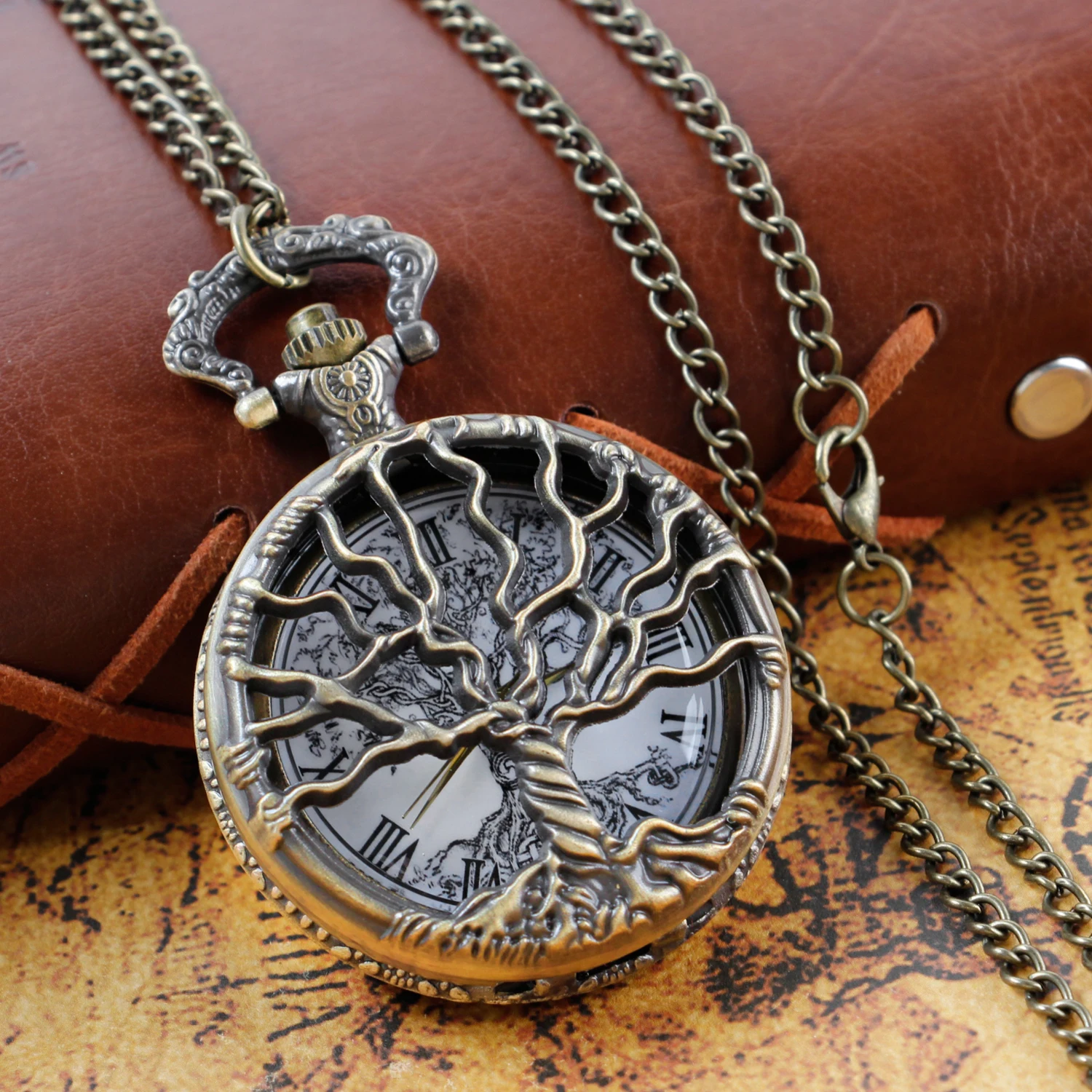 Steampunk Retro Bronze Hollow Tree of Life Quartz Pocket Watch with Fob Women's Watch Pendant Necklace Chain Men's Gift CF1088