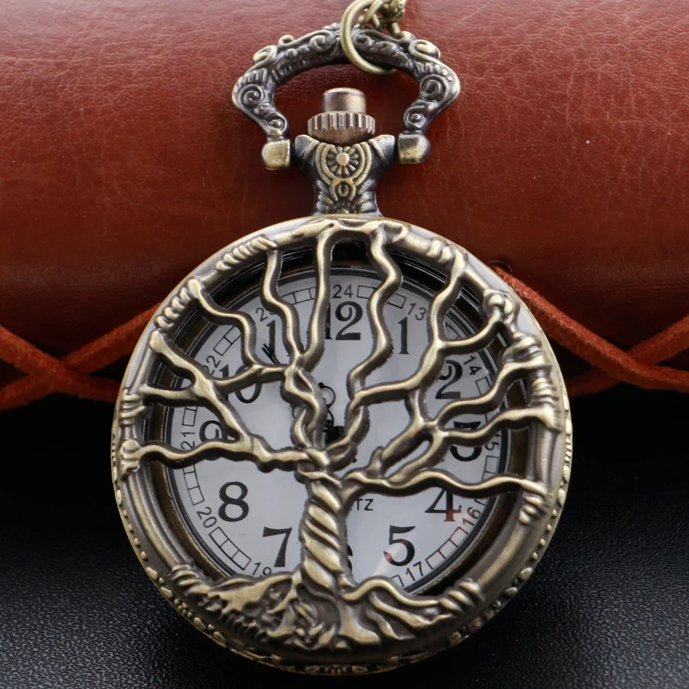 Steampunk Retro Bronze Hollow Tree of Life Quartz Pocket Watch with Fob Women's Watch Pendant Necklace Chain Men's Gift CF1088