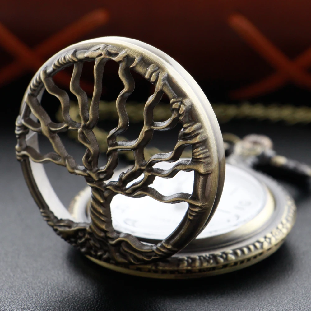 Steampunk Retro Bronze Hollow Tree of Life Quartz Pocket Watch with Fob Women's Watch Pendant Necklace Chain Men's Gift CF1088