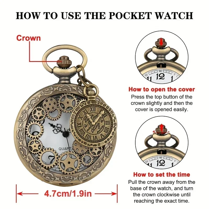 Steampunk Hollow Gear Quartz Pocket Watch Antique Bronze Pocket Watch with Pendant &Necklace Chain Men Collectible Birthday Gift