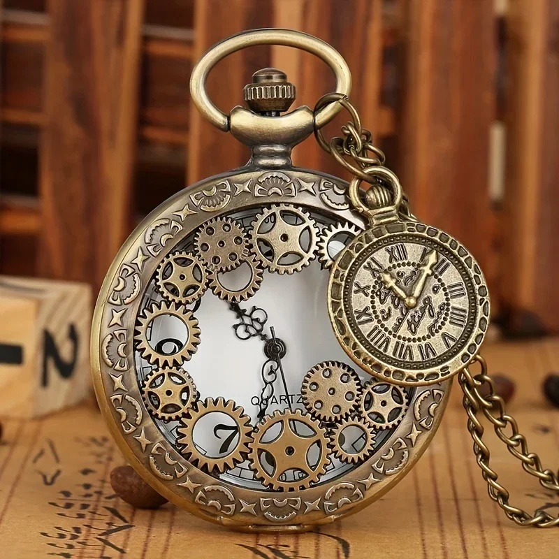 Steampunk Hollow Gear Quartz Pocket Watch Antique Bronze Pocket Watch with Pendant &Necklace Chain Men Collectible Birthday Gift