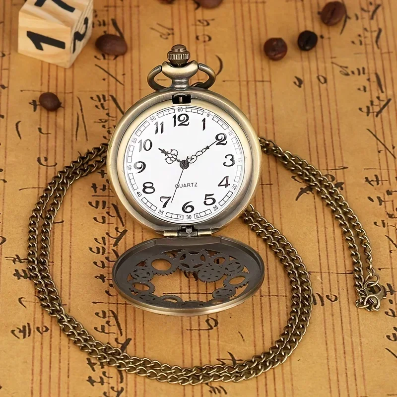 Steampunk Hollow Gear Quartz Pocket Watch Antique Bronze Pocket Watch with Pendant &Necklace Chain Men Collectible Birthday Gift