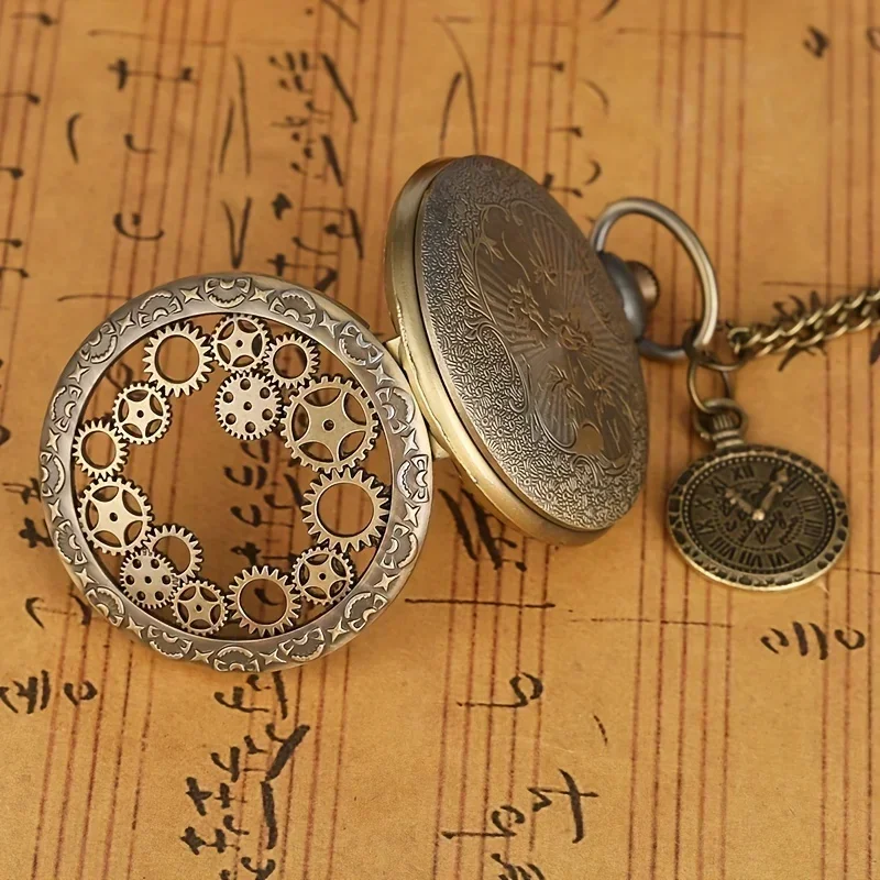 Steampunk Hollow Gear Quartz Pocket Watch Antique Bronze Pocket Watch with Pendant &Necklace Chain Men Collectible Birthday Gift