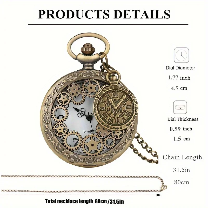 Steampunk Hollow Gear Quartz Pocket Watch Antique Bronze Pocket Watch with Pendant &Necklace Chain Men Collectible Birthday Gift