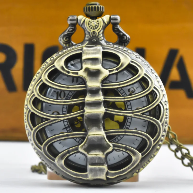 Retro Charm Fashion Hollow out Large Skeleton Carving Gold Faced Quartz Pocket Watch Steampunk Men's and Women's Necklace Pendan