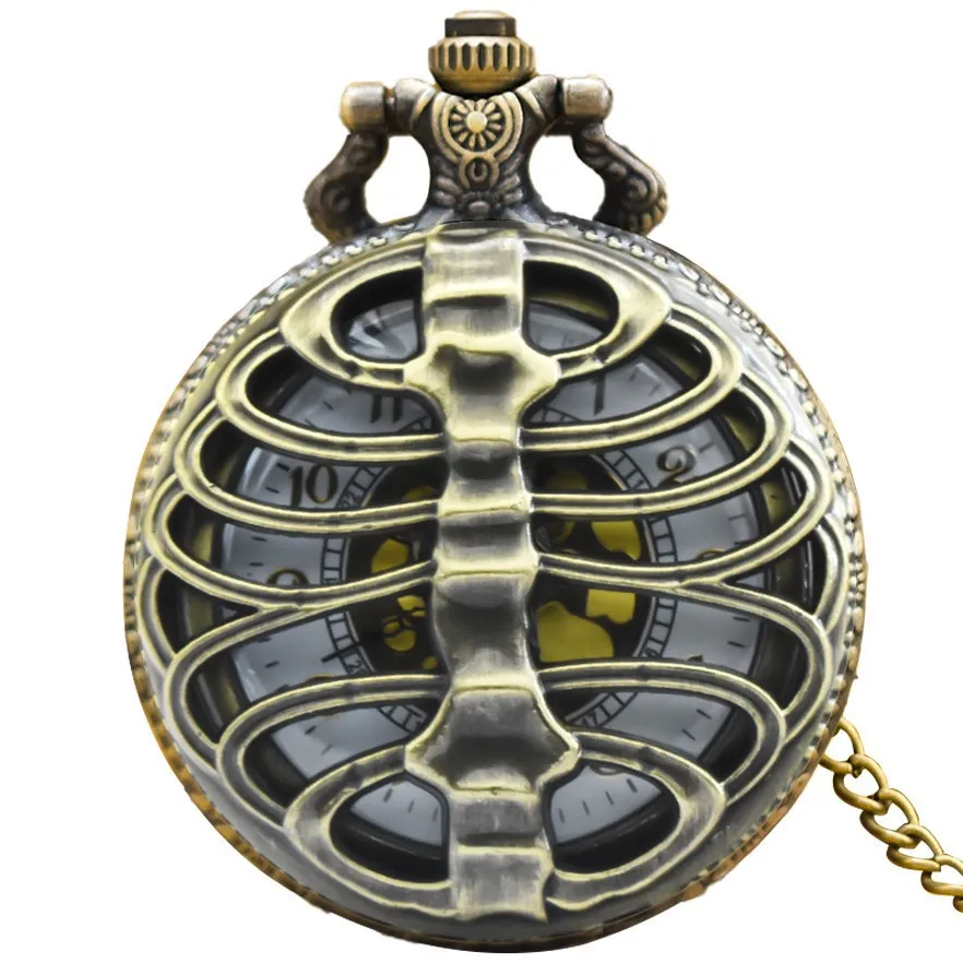 Retro Charm Fashion Hollow out Large Skeleton Carving Gold Faced Quartz Pocket Watch Steampunk Men's and Women's Necklace Pendan
