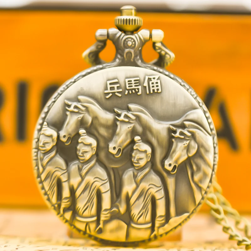 Retro Charm China Qin Shihuang and Terra Cotta Warriors Carved Quartz Pocket Watch Steam Punk Unisex Necklace Pendant Gift