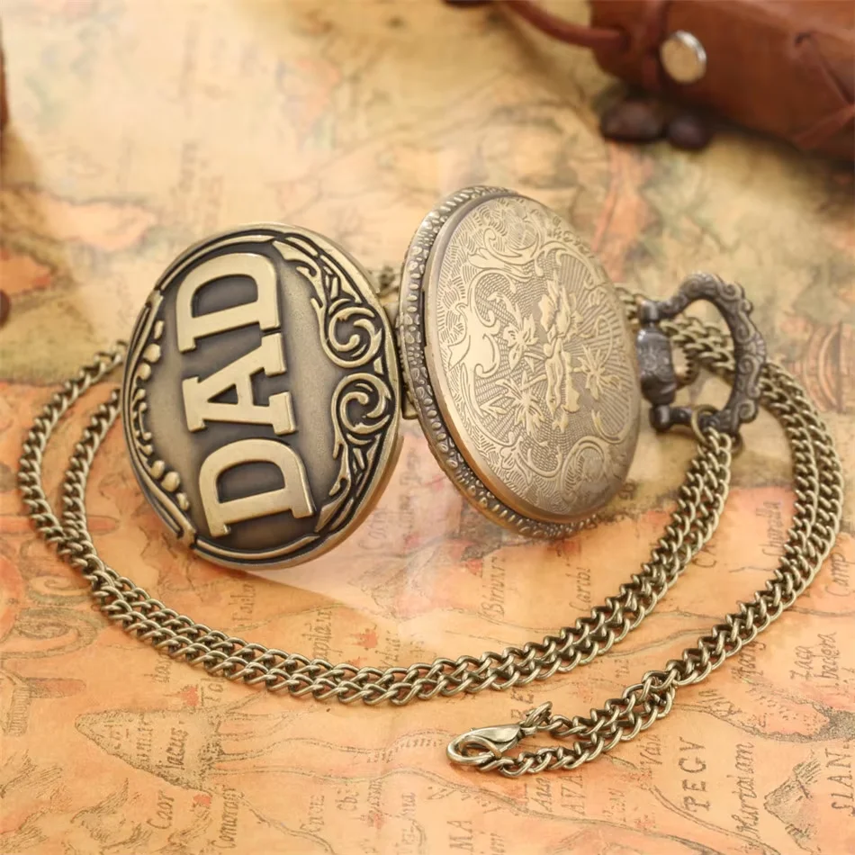 Retro Charm Neutral Fashion Hollow Dad Carving Quartz Steampunk Pocket Watch Necklace Pendant Gift for Father