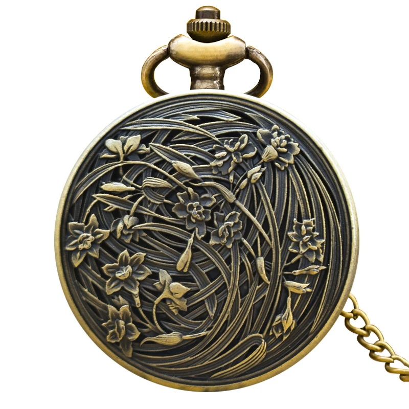 Vintage Bronze Clamshell Fashion Creative Flower Relief Girl Student Gift Quartz Necklace Pocket Watch