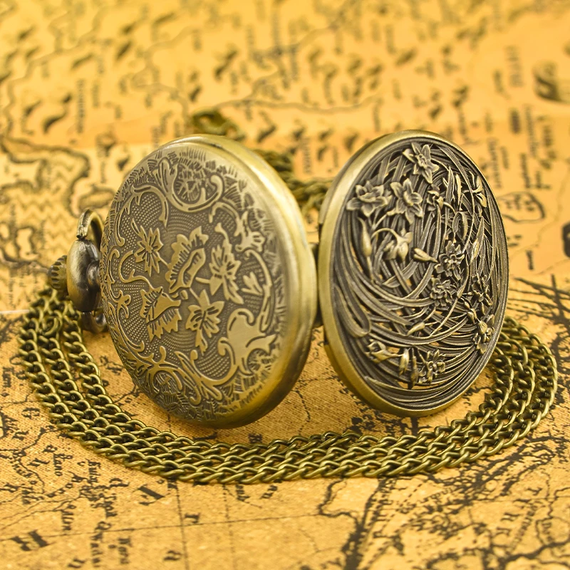 Vintage Bronze Clamshell Fashion Creative Flower Relief Girl Student Gift Quartz Necklace Pocket Watch