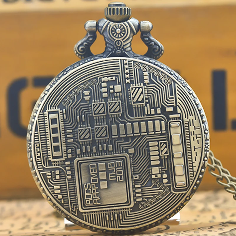Retro Charm Neutral Fashion Hollow Bitcoin Carving Quartz Steampunk Pocket Watch Men's and Women's Necklace Pendant Gift