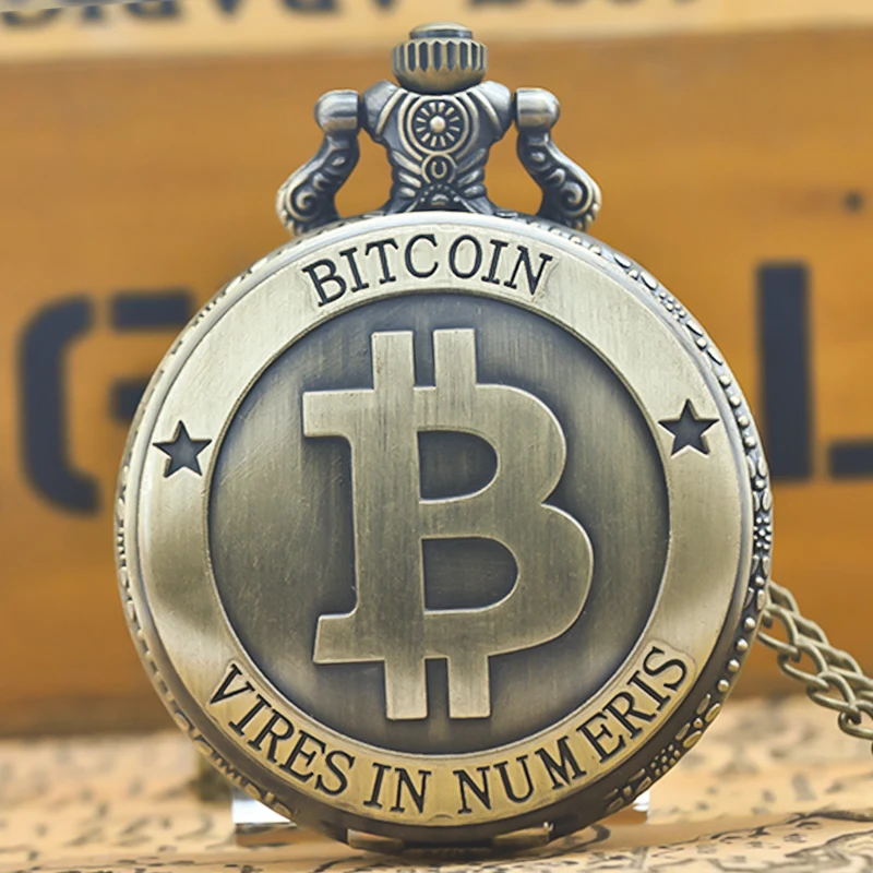 Retro Charm Neutral Fashion Hollow Bitcoin Carving Quartz Steampunk Pocket Watch Men's and Women's Necklace Pendant Gift