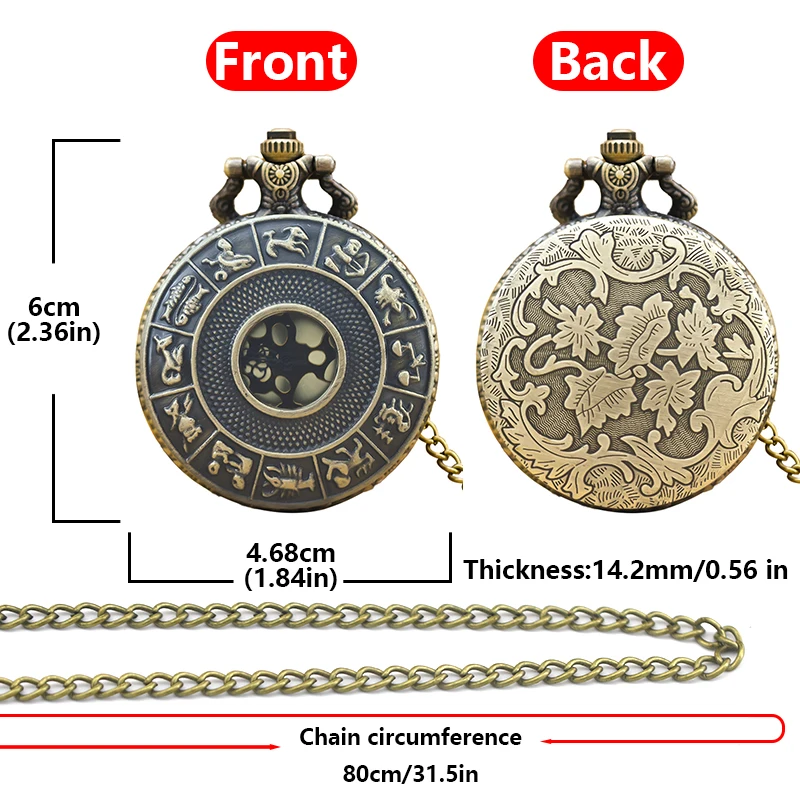 Steampunk Vintage Bronze Twelve Constellations Hollow Quartz Pocket Watch Necklace Pendant Clock Chain Men Women Chain Gift
