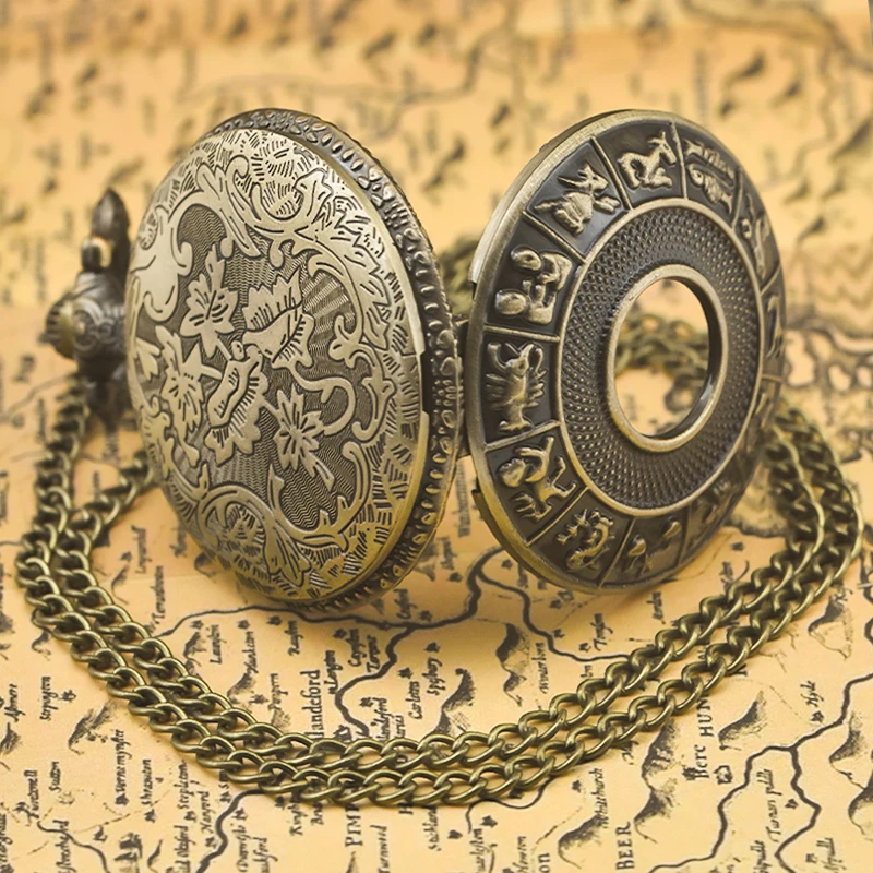 Steampunk Vintage Bronze Twelve Constellations Hollow Quartz Pocket Watch Necklace Pendant Clock Chain Men Women Chain Gift