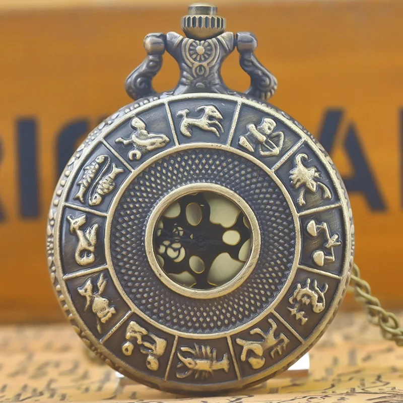 Steampunk Vintage Bronze Twelve Constellations Hollow Quartz Pocket Watch Necklace Pendant Clock Chain Men Women Chain Gift