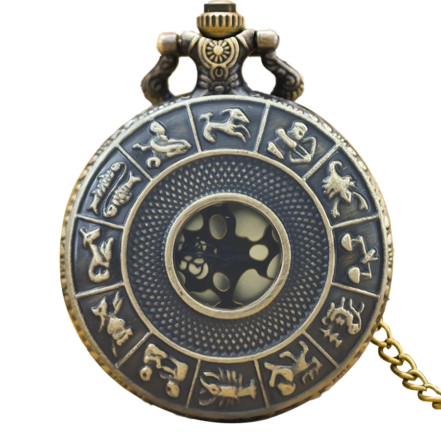 Steampunk Vintage Bronze Twelve Constellations Hollow Quartz Pocket Watch Necklace Pendant Clock Chain Men Women Chain Gift
