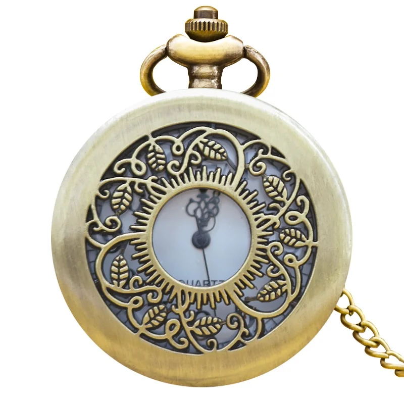 Vintage Bronze Clamshell Openwork Flower Carved Necklace Quartz Pocket Watch Fashion Jewelry Gift For Ladies Gift